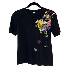 Anthropologie Tiny Spring Garden Embroidered Tee Black Size XS Embroidered